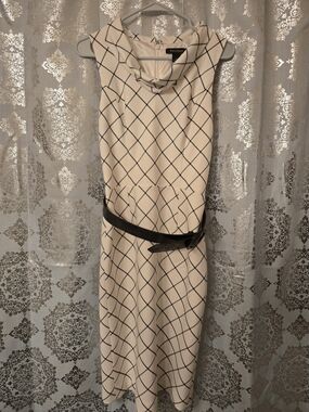 White House Black Market Cream and Black Windowpane Midi Dress